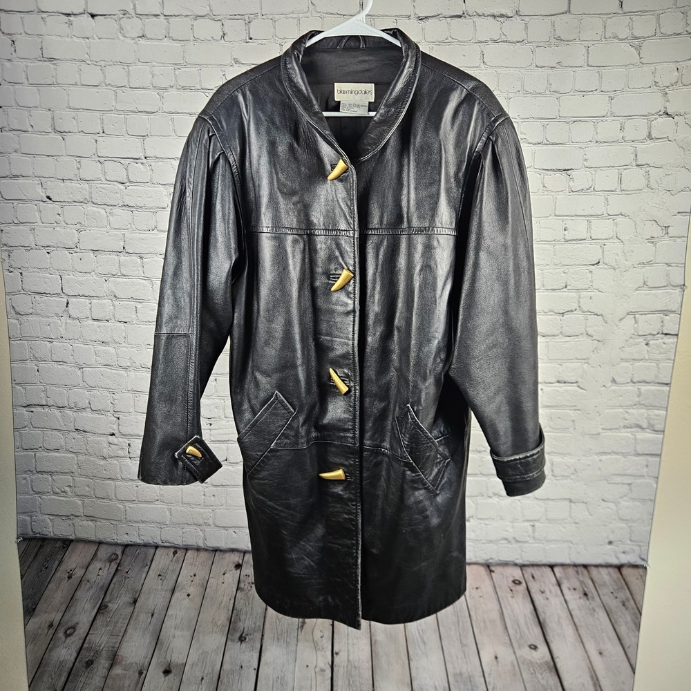 Vintage Bloomingdales Black Leather Toggle Coat Horn Buttons Mid Length Jacket L